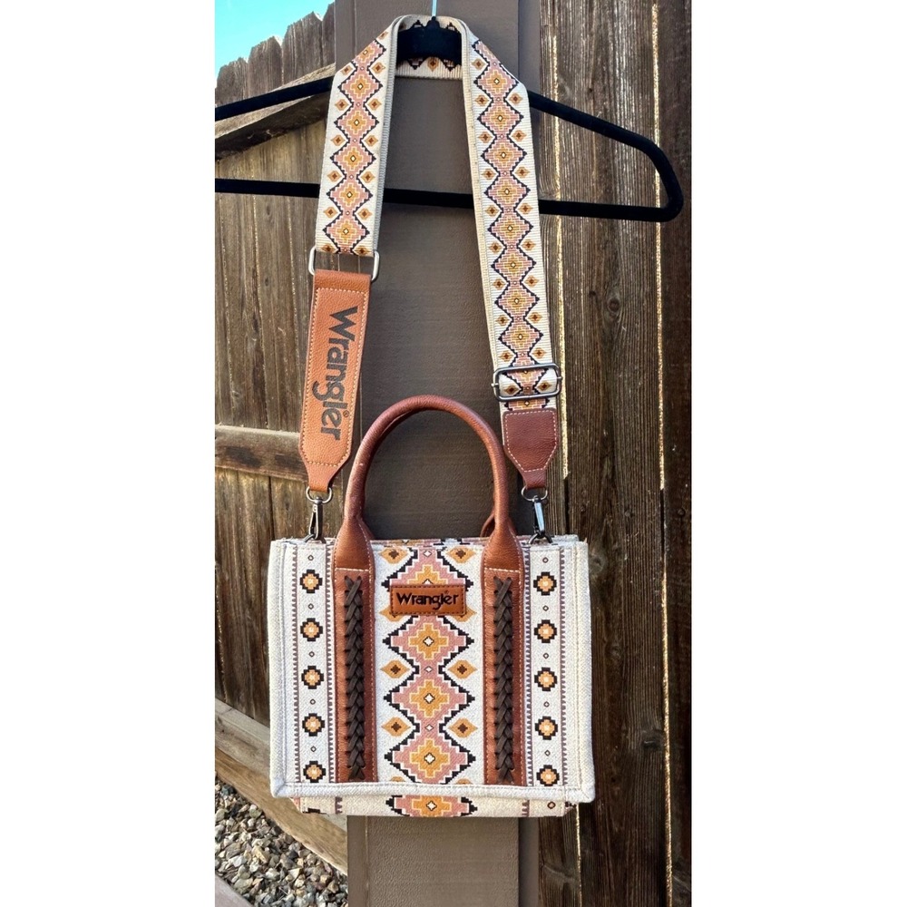 Wrangler Southwestern Aztec Tote Bag Crossbody Western Boho Brown Cream